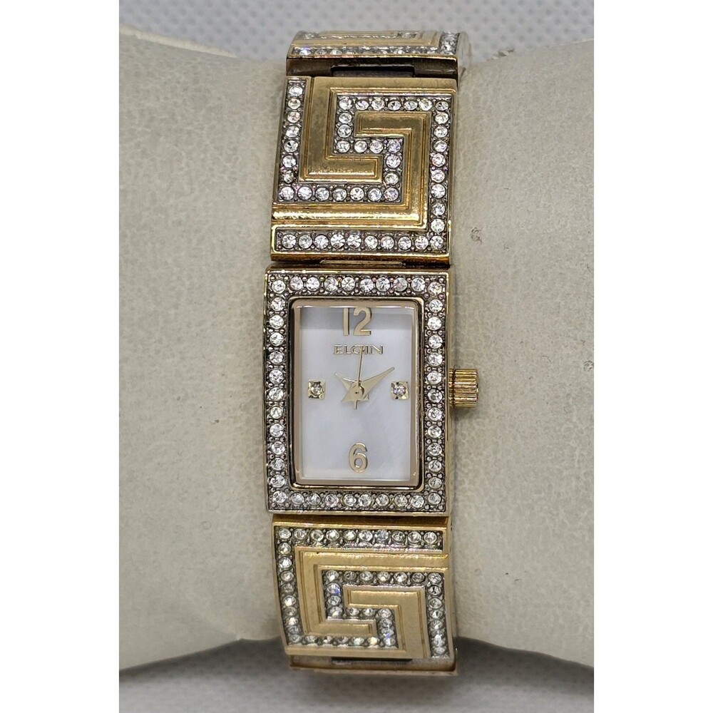 Women's Elgin White Mother Pearl Dial Crystal Accents On Bracelet Band Watch 04 - Picture 2 of 8